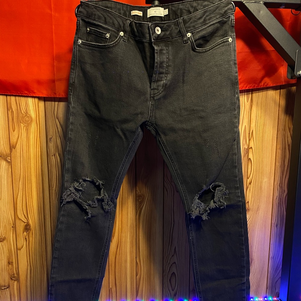 Topman Distressed Stretch Skinny Black Denim Jeans